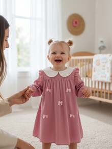 Baby Girls' Fashion Minimalist Bow Decor Cute Peter Pan Collar Ruffle Hem Long Sleeve Dress Pink Abaya Matching Girl Matching Islamic Dresses Collared Baby Girl Dress Dusty Pink Baby Dress Baby Girl Long Sleeve Dress Pink Baby Girl Dress - Pink - View 5