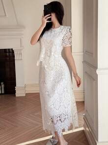 DAZY 女士优雅蕾丝圆领泡泡袖上衣和半裙两件套，春夏款 - 米色 - 查看 5