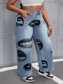 Slaydiva Spring/Summer Plus Size Women High Waist Pocket Lip Print Loose Casual Wide Leg Jeans - Blue - View 4