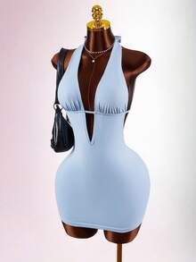 Amplova 2026 New Arrival Minimalist Blue Low-Cut Halter Waist-Cinched Bodycon Mini Dress, Sporty Chic - Blue - View 3