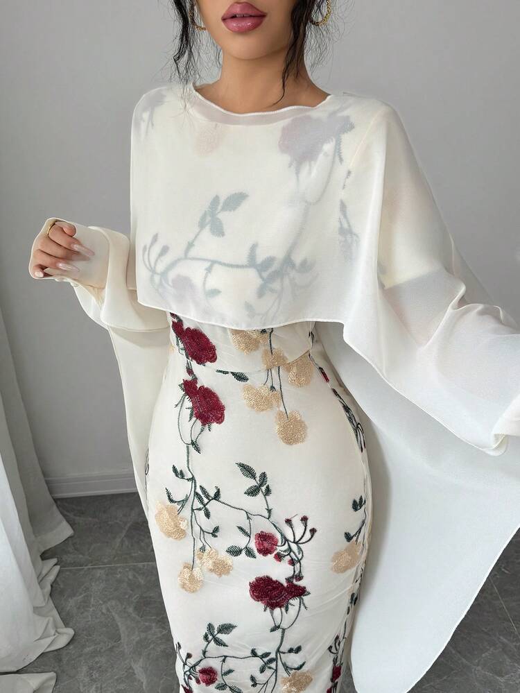 Rafferiza Women's Elegant Fashion Lace Midi Dress With Embroidery, Waist Cinching, Suitable For Outings And Dates, Spring/Summer - Apricot - View 4