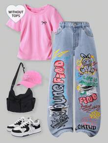 SHEIN ChillGRL Tween Girls' Denim Cargo Wide Leg Pants, Sweet & Cool Street Fashion Casual Sporty Vacation Style - Medium Wash - View 1