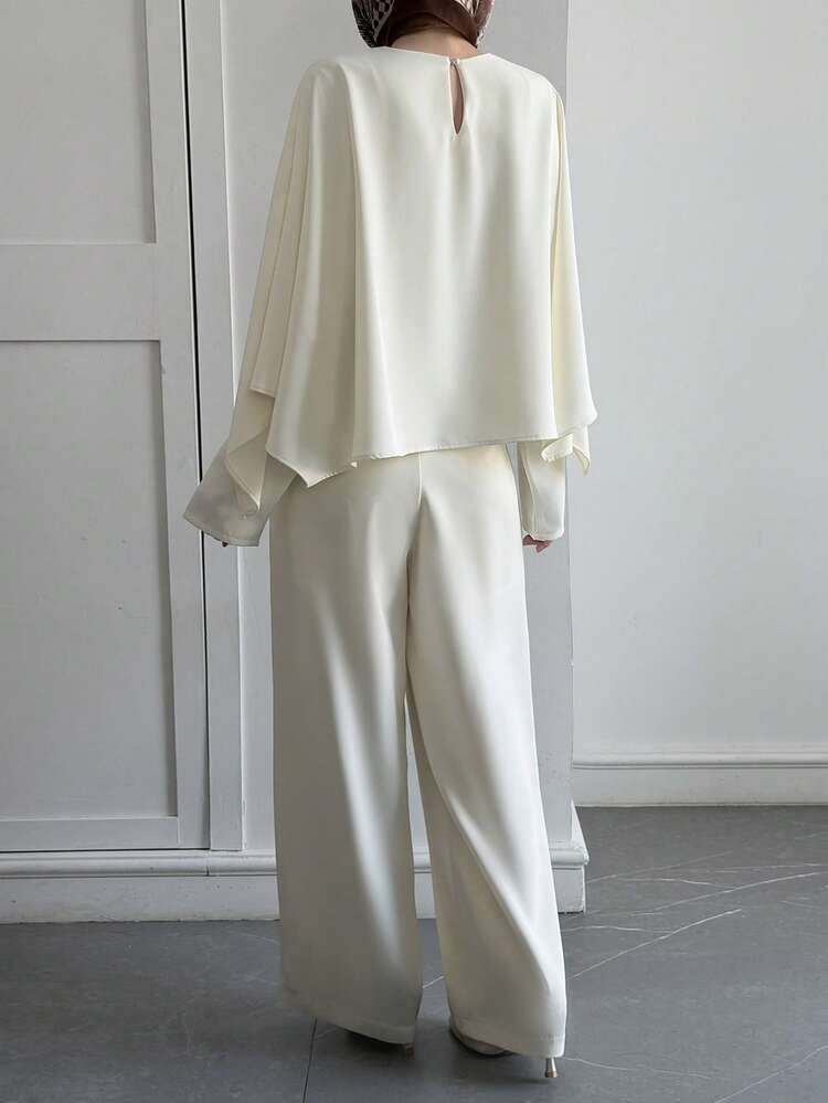 Women's Elegant Solid Color Shirt And Wide Leg Pants 2 Pieces Set, Spring/Summer,Wedding Guest Dress Women