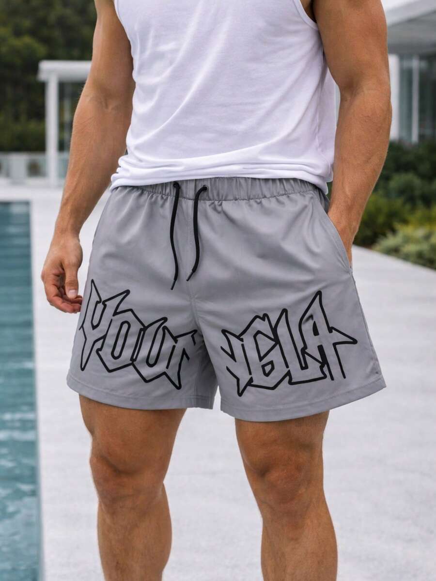 Pantalones cortos con estampado a letras para hombres - Gris Claro - Ver 1