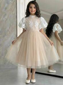 SHEIN Tween Girl Elegant Round Neck Ruffle Sleeve Embroidered Floral Pattern Dress - Apricot - View 4