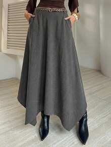DAZY Women's Solid Color Asymmetric Hem Casual Skirt - Dark Grey - View 6
