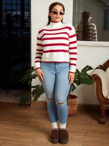 Lupita Cardoza 女式休闲拼色条纹立领毛衣，秋冬 - 紅白色 - 查看 6
