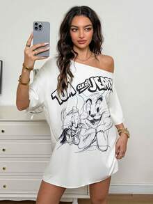 TOM & JERRY X SHEIN Women's Casual Cartoon & Letter Graphic Asymmetrical Neck Mini Dress, Summer - Apricot - View 1