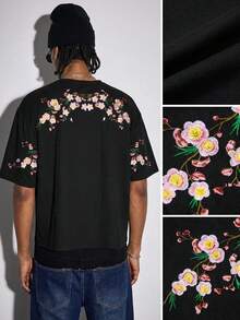 ROMWE MEN Street Life Camiseta de manga corta casual y versátil con cuello redondo y bordado floral para hombre - Negro - Ver 6
