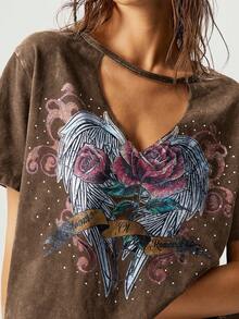 Bohemela 休闲纯色V领短袖宽松水洗女式T恤 - 棕色 - 查看 3