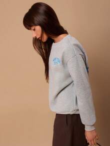 SURIMA Casual Minimalist Printed Pattern Crew Neck Long Sleeve Thick Loose Women Sweatshirt - Light Grey - View 5