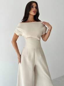 Firerie 女士休闲优雅亚麻外观领落肩袖修身衬衫，适合办公室、返校、秋季、复古风格、工作上衣、教师装 - 杏色 - 查看 5