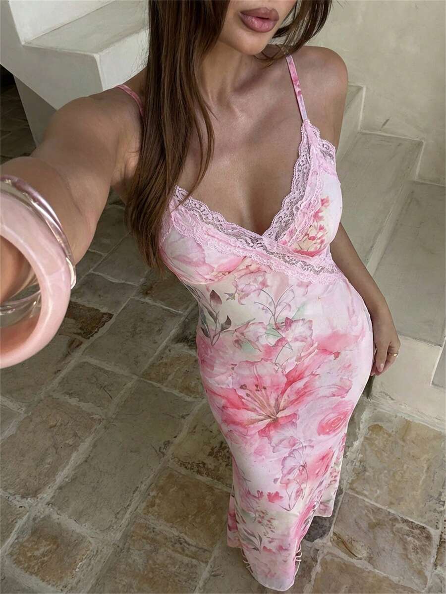 Aloruh 女士优雅性感V领蕾丝拼接修身腰部印花沙滩裙