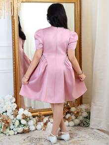 SHEIN Tween Girl Spring/Summer Elegant Beaded Pink Petal Sleeve Leg-Of-Mutton Short Sleeve Dress Tween Girl - Pink - View 2