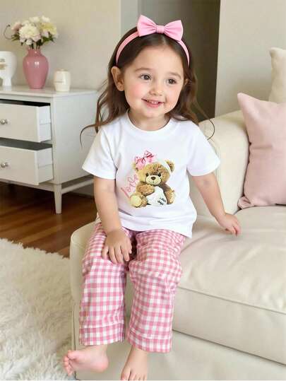 Souflis Souflis 2pcs/Set Toddler Baby Girls 0-3 Years Casual Cute Bear Graphic Short Sleeve T-Shirt And Pants Set, Spring/Summer