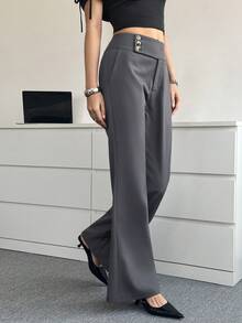 Modelyn Women's Solid Color Waist Button Design Pocket Straight Leg Casual Pants, Suitable For Work Gray Pants Office Pants Business Pants Business Casual Women Pants Elegant Pants For Women - Grey - View 1