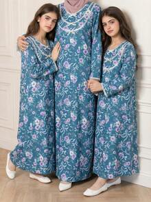 SHEIN Tween Girls' Elegant & Cute Bowknot Floral Print Middle Eastern Arabic Traditional Festival Dress - Green - View 3