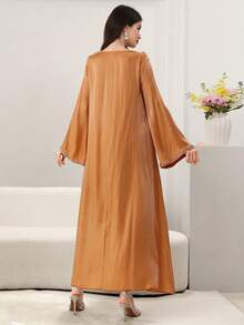 Al Najma Women's Elegant Arabic Style Chiffon Dress With Rhinestone Floral Trim, Long Sleeve, Orange With Golden Shimmer, Spring/Summer - Orange - View 2