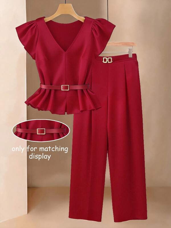 GlowEve CURVE Conjunto de 2 piezas de talla grande para mujer con top de cuello redondo, manga con volantes y cinturón, y pantalones de pierna ancha en unicolor, elegante para ir al trabajo y salir