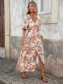 Breezaya Đầm ngắn tay cổ chữ V in hoa dành cho nữ - Nhiều màu - Xem 1