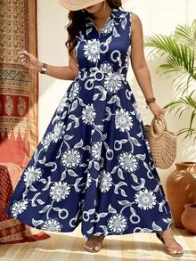 Breezaya 大码女士优雅蓝白花卉印花系带休闲无袖连衣裙 - 藏蓝色 - 查看 6