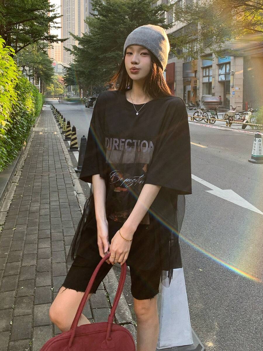 DAZY Women's Round Neck Printed 2 In 1 Korean Style Mesh Patchwork Short Sleeve T-Shirt Graphic Tees Women - Black - View 1