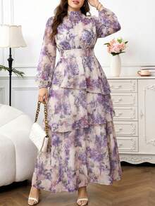 Reflora Đầm nữ cỡ lớn in hoa, cổ đứng, tay phồng, xếp tầng, kiểu dáng thanh lịch. - Màu tím hoa cà - Xem 1