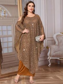 SHEIN Clasi 大码女式纯色圆领露肩蝙蝠袖亮片优雅时尚连衣裙 - 金色 - 查看 7