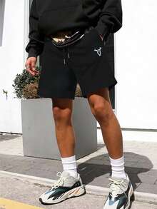 Manfinity Sport Corelite 男士休闲抽绳腰宽松运动短裤，带侧袋，适合日常通勤和夏季穿着 - 黑色 - 查看 1