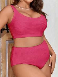 Swim Lushoire Conjunto de bikini de unicolor y textura, para vacaciones de verano en la playa, talla grande - Rosa Fucsia - Ver 4