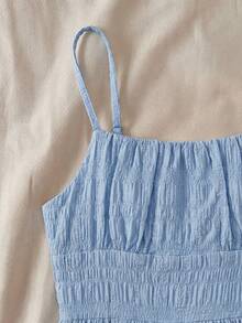 SHEIN 少女夏季休闲度假纯色荷叶边无袖吊带连衣裙，适合夏季约会之夜、海滩度假、女生郊游、海滩度假装扮、女士太阳裙 - 藍色 - 查看 4