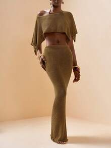 Zivah Conjunto de falda ajustada y cubrecuerpo con bajo asimétrico, estilo de vacaciones en la playa, primavera/verano - Café integral - Ver 3