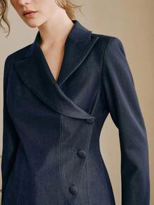 Anewsta Spring/Summer New Fashionable Asymmetrical Lapel Long Sleeve Fitted Women Blazer - Navy Blue - View 1