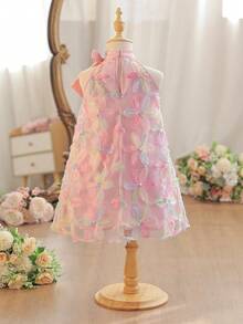 SHEIN 女童立領網紗碎花休閒寬鬆細肩帶洋裝 - 粉色 - 查看 4