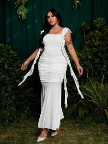 Roveilla Đầm hai dây màu trắng thanh lịch dành cho nữ, chất liệu lưới, có eo thắt, dáng đuôi cá, thích hợp cho kỳ nghỉ hè ở bãi biển. - trắng - Xem 3