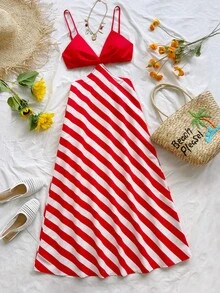 Soleia Women's Vacation Casual Colorblock Striped Backless Spaghetti Strap Dress - Multicolor - View 4