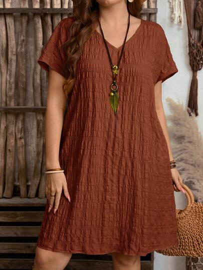 EMERY ROSE Plus Size Solid Color V-Neck Short Sleeve Textured Casual Loose Dress For Summer/ Vacation Summer Casual Dress Brown Summer Dress Casual Sets For Women Casual Outfit For Women Summer Outfits Summer Clothes  Spring  Spring Outfit Women Spring Clothes Beach Vacation Outfits For Women Bohemian  Country Style For Women