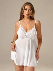 SHEIN Privé 2 件套大码性感蕾丝拼布内衣套装 - 白色 - 查看 4