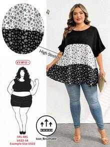 SHEIN CURVE+ Plus Size Casual Colorblock Ditsy Floral Shirt, Relaxed Holiday Vibe, Suitable For Country Music Festivals, Women's Boho Style, Spring Year - Multicolor - View 8
