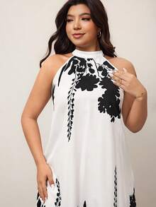 Enliva Plus Size Elegant Floral Print Halter Neck Dress, Suitable For Summer,Sun Dresses For Women Suitable For Going Out Chic Dress, For Apple & Rounded Body Shape - Black and White - View 7