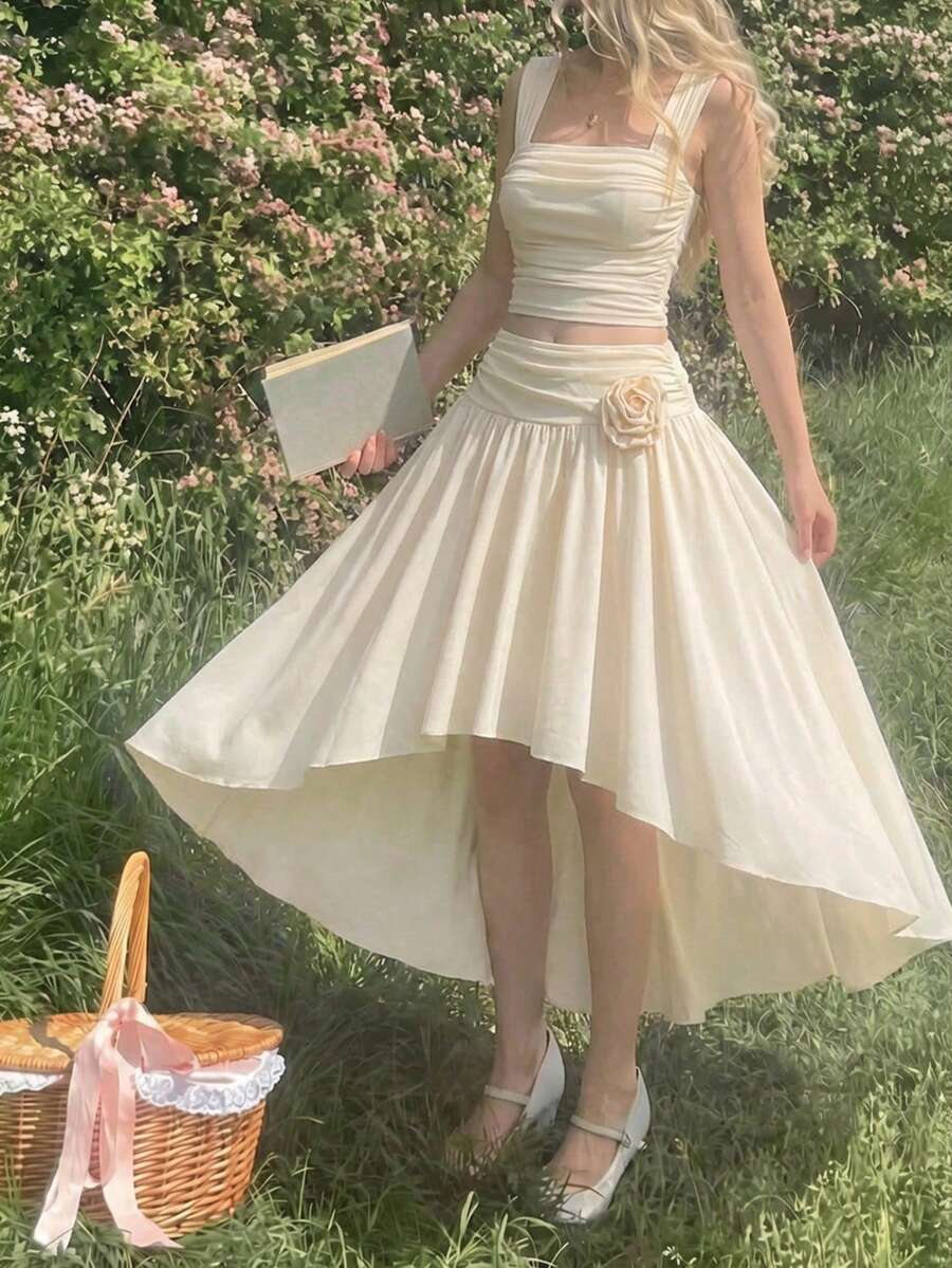 SHEIN MOD Elegant Cream-Colored Camisole And Asymmetric Hem Outfit, Women Summer Set,Valentine's Day,Carnival Costumes ,Holiday Outfits For Women,Beach Set,Date,Garden, Afternoon Tea - Apricot - View 1