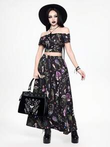 ROMWE Spring/Summer Vacation Flower Gothic Dark Magic Plant Potion & Butterfly Crystal Print Off-Shoulder Cropped Top And Skirt Set For Women - Black - View 6