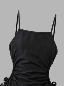 少女休闲优雅吊带束腰连衣裙，适合日常、派对和各种活动穿着。 - 黑色 - 查看 9