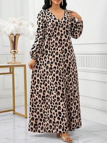 SHEIN Lady Đầm dài tay cổ chữ V, túi chéo, họa tiết da báo kiểu Âu và Mỹ dành cho nữ. - Màu Khaki - Xem 3