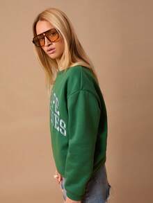 SURIMA 女士休闲简约印花圆领宽松加厚卫衣 - 墨綠色 - 查看 5