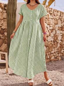 Vestido a cuadros de manga corta y cuello en V para mujer de talla, para vacaciones de verano - Naranja Coral - Ver 11