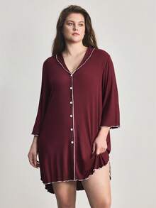 Ocili Camicia da notte oversize con colletto arricciato, comoda, con bottoni a conchiglia e costine - Bordò - Visualizzare 4