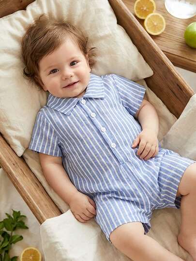 Vintaside Kids Conjunto de pelele y pantalón corto de manga corta con cuello de solapa, estampado de rayas de colores, para bebé recién nacido niño/niña