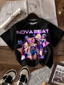 SHEIN 3pcs/Set Young Girl Casual Colorblock K-Pop Cartoon Girl Print Loose Fit Round Neck Short Sleeve T-Shirt, Suitable For Summer, Back To School - Multicolor - View 3