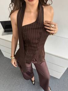Modelyn Striped Asymmetric Single-Breasted Cinched Waist Women Top Pinstripe Top Summer Vacation - Coffee Brown - View 1
